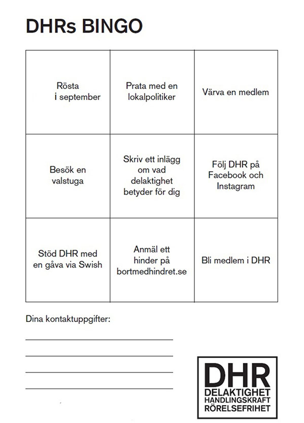 Bingobricka med nio rutor innehållande olika uppdrag att utföra inför valet.