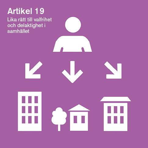 Illustration av artikel 19: Lika rätt till valfrihet och delaktighet i samhället. Pictogram av en människa över tre pilar som pekar mot ett höghus, ett litet hus med trädgård och ett mellanstort hus.