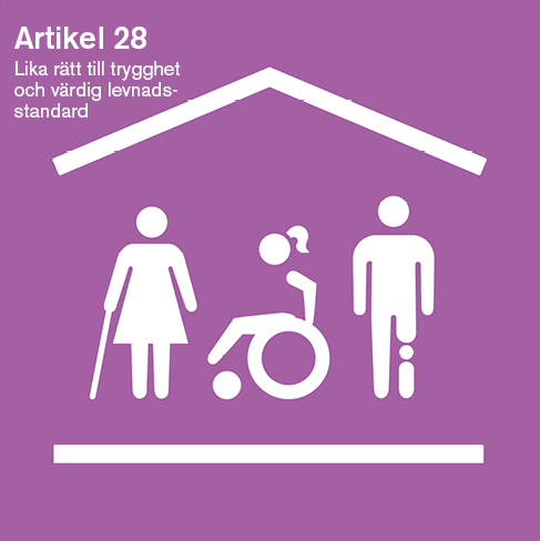 Illustration av artikel 28: Lika rätt till trygghet och värdig levnadsstandard. Pictogranm av den byggnad vari en kvinna med käpp, en kvinna i rullstol och en man med benprotes står.