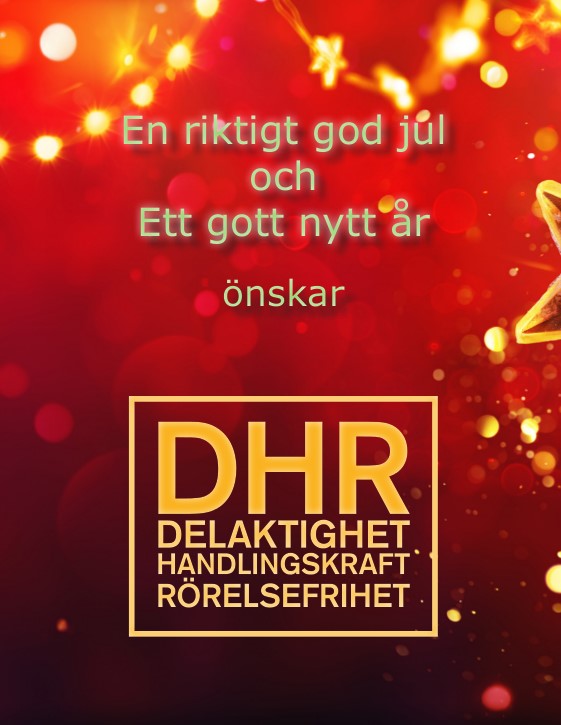 I guldtext mot en röd bakgrund med glitter står det: En riktigt god jul och ett gott nytt år önskar DHR.