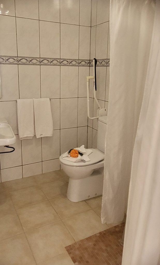 Badrum klätt med kakel och klinker och utrustat med handfat, toalett och dusch.