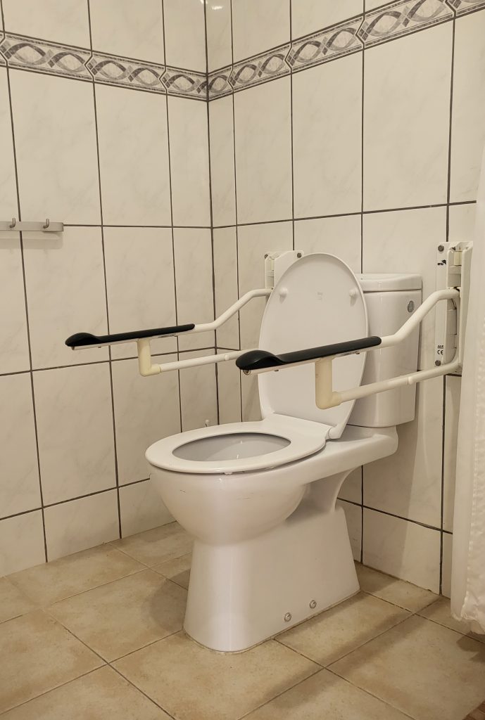 Toalettstolen med armstöden nedfällda.