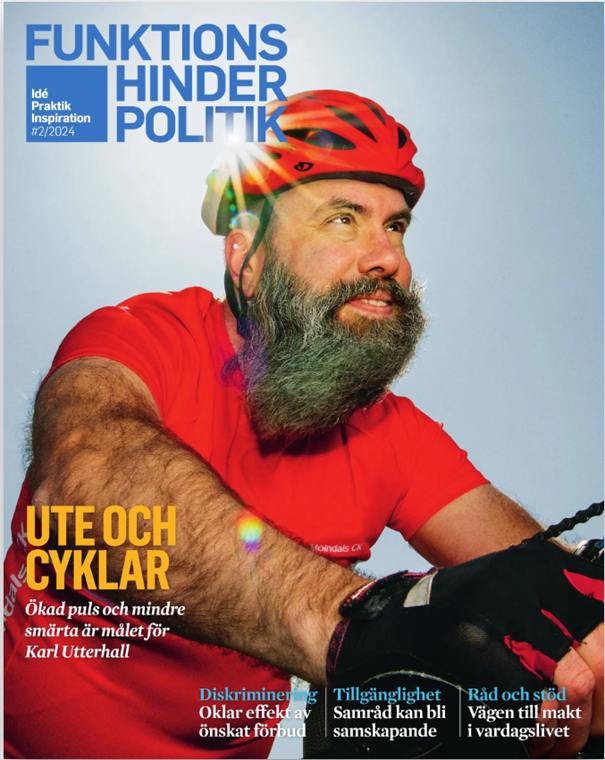 Tidningsframsida med en stor bild på en cyklande man man med stort, mörkt skägg, röd tröja och röd cykelhjälm.