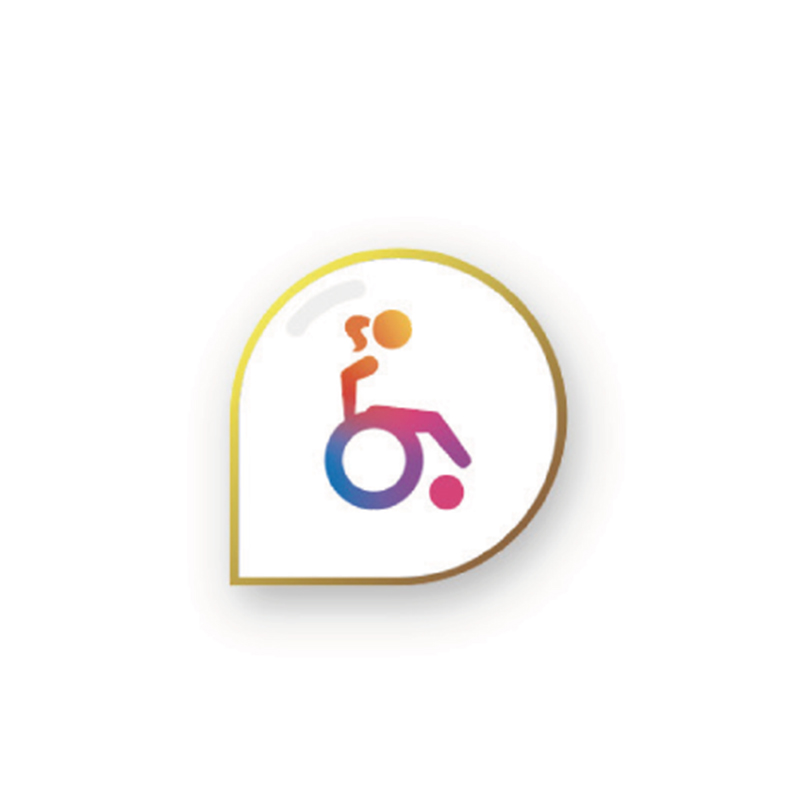 Liten, vit pin formad som en pratbubbla innehållande en färgglad, stiliserad bild av en kvinna i rullstol.