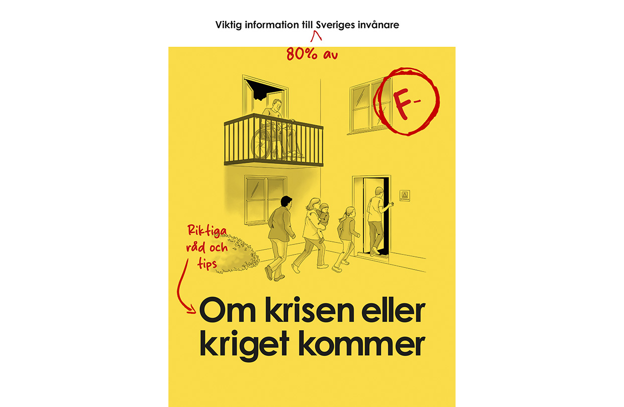 MSB:s broschyr "Om kriget eller krisen kommer" försedd med röda kommentarer som rör tillgänglighet för personer med funktionsnedsättning.